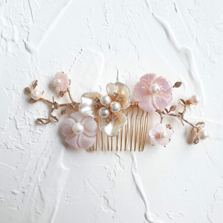 Pink Blossom Haircomb - Gold, Pink