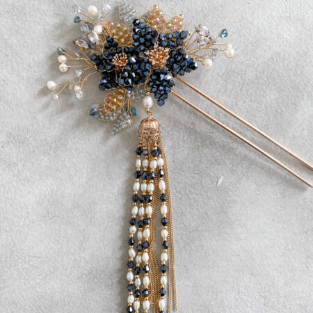 Navy Beaded Flower Hairpin - Gold, Navy