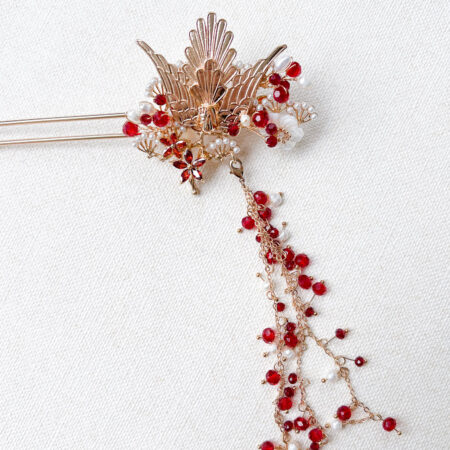Phoenix Ruby Flowers Hairpin - Gold, Ruby (Left)