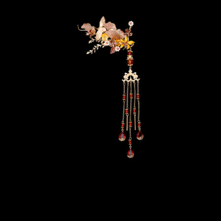 Colorful Crane Floral Artistry Side Hairvine or Brooch - Gold, Ruby (Right)
