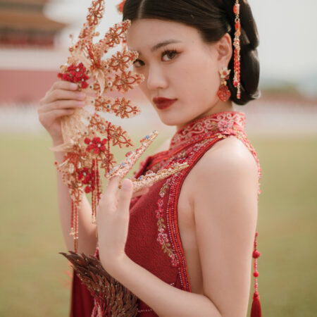 Fire Phoenix Floral Fan - Gold, Ruby