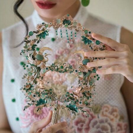 Colorful Crane Blossom Lotus Fan - Gold, Emerald