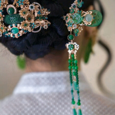 Lunar Deco Carved Jade Hairpin - Gold, Jade