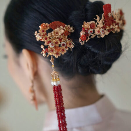 Lunar Heritage Fan-Shaped Jade Hairpin - Gold, Red Jade