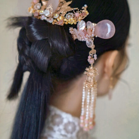 Lunar Sweet Floral Teardrop Jade Hairpin - Gold, Pink Jade