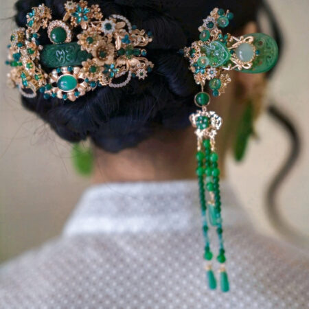 Lunar Deco Curved Carved Jade Set - Gold, Jade (2 pcs)